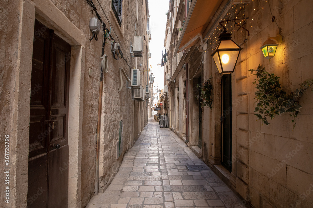 Dubrovnik, Croatia - april 2019: Old City of Dubrovnik. One of many narrow streets of medieval town