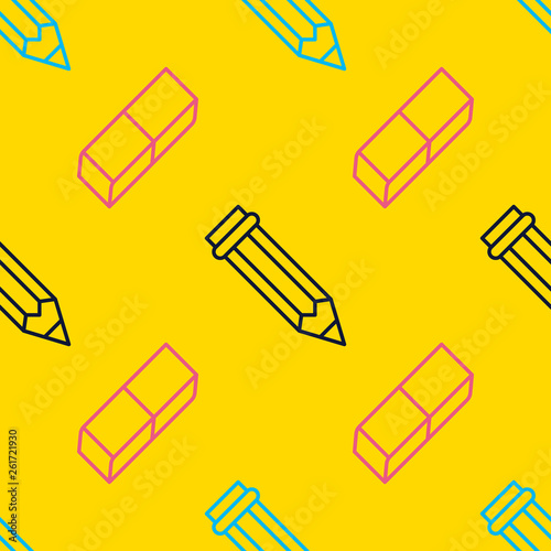 Seamless pattern with pen, eraser line icons. Work tools background, writing illustration. Yellow wallpaper for stationery sale brochure