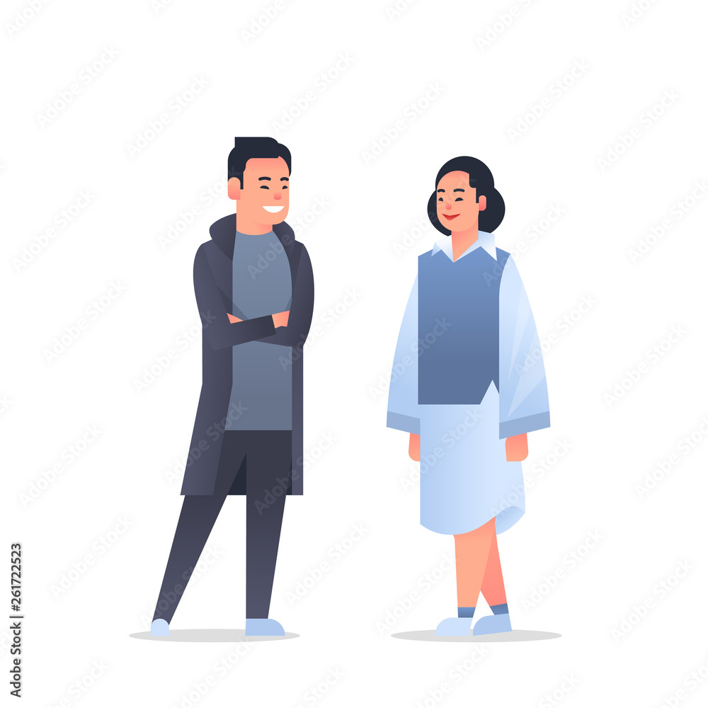 young asian couple wearing casual clothes happy man woman discussing together chinese or japanese female male cartoon characters full length flat white background