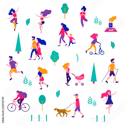 Different activities of people in the summer city. People in the park. Vector flat illustration.