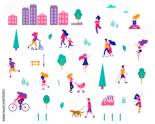 Different activities of people in the summer city. People in the park. Vector flat illustration.