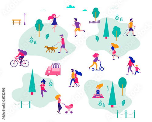 Different activities of people in the summer city. People in the park. Vector flat illustration.