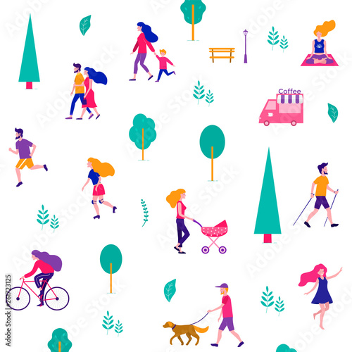 Different activities of people in the summer city. People in the park. Vector flat illustration.