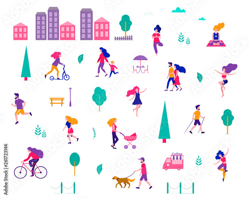 Different activities of people in the summer city. People in the park. Vector flat illustration.