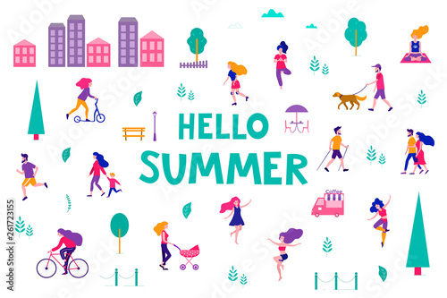 Different activities of people in the summer city. People in the park. Vector flat illustration.