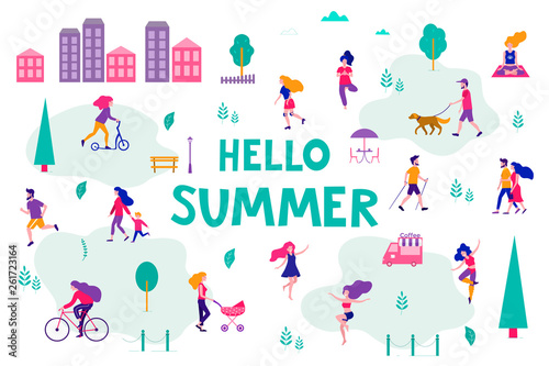 Different activities of people in the summer city. People in the park. Vector flat illustration.