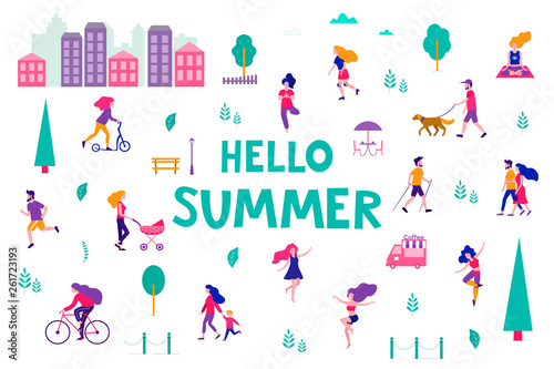 Different activities of people in the summer city. People in the park. Vector flat illustration.