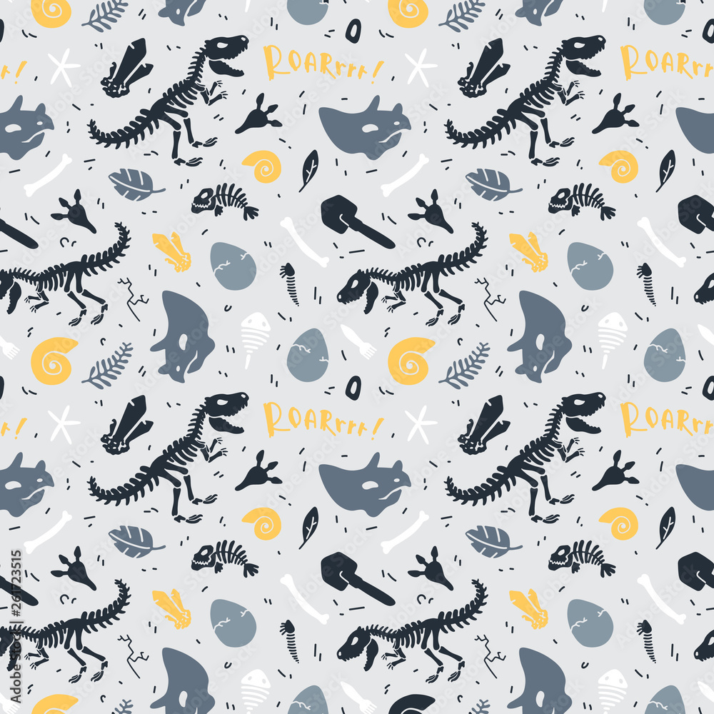Dinosaur skeleton and fossils. Vector seamless pattern. Original design with trex, dinosaur