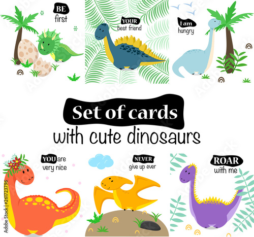 set of cards with cute dinosaurs on a white background - vector illustration, eps