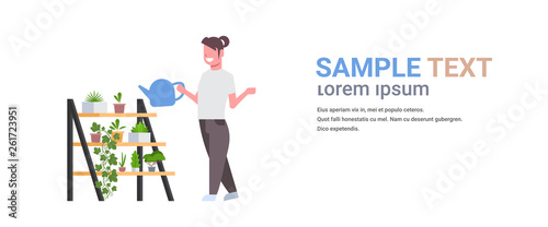housewife watering potted plants on rack smiling woman holding sprinkling can girl doing housework household concept female cartoon character full length flat horizontal copy space