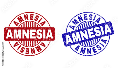 Grunge AMNESIA round stamp seals isolated on a white background. Round seals with grunge texture in red and blue colors. Vector rubber imitation of AMNESIA label inside circle form with stripes.