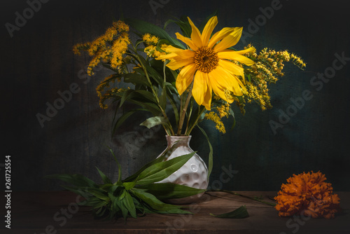 Fototapeta Naklejka Na Ścianę i Meble -  Flower bouquet- still life decorative. Table aged- floral art