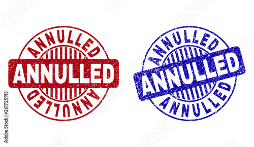 Grunge ANNULLED round stamp seals isolated on a white background. Round seals with grunge texture in red and blue colors. Vector rubber imitation of ANNULLED caption inside circle form with stripes.
