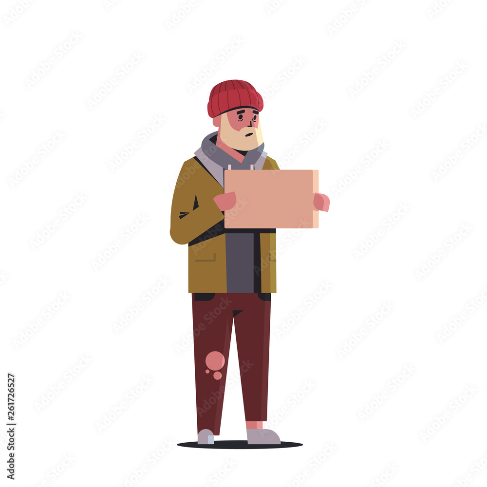 poor bearded man begging for help beggar guy holding sign board homeless jobless concept white background horizontal full length poor bearded man begging for help beggar guy holding sign board homeless jobless concept white background horizontal full length