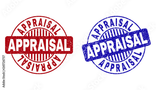 Grunge APPRAISAL round stamp seals isolated on a white background. Round seals with grunge texture in red and blue colors. Vector rubber imitation of APPRAISAL title inside circle form with stripes.