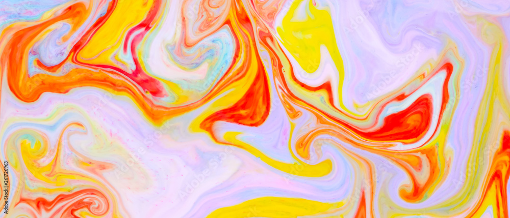Fluid art with different colors. Screen saver. Multicolored background from paints on liquid. Bright pattern on liquid. Colored paint stains in pop art style