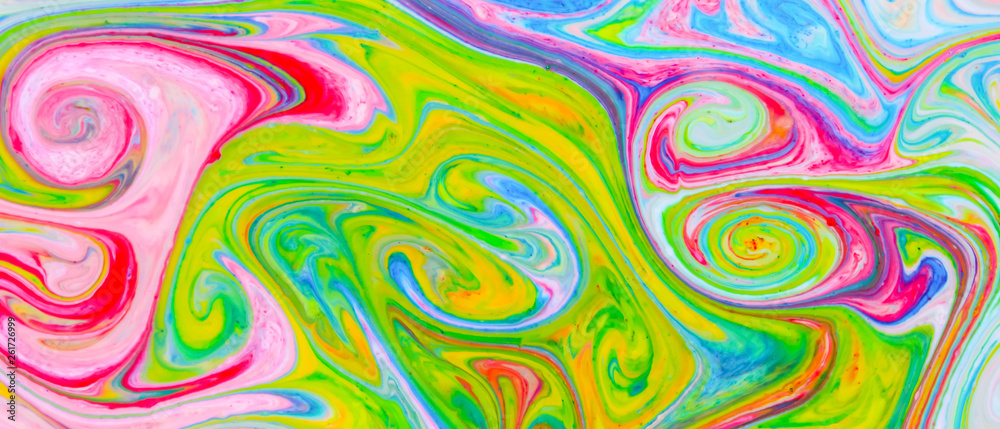Fototapeta premium Fluid art with different colors. Screen saver. Multicolored background from paints on liquid. Bright pattern on liquid. Colored paint stains in pop art style