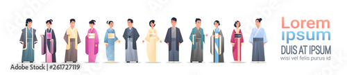 set asian men women wearing traditional clothes people in national ancient costumes standing pose chinese or japanese male female cartoon characters full length flat horizontal copy space
