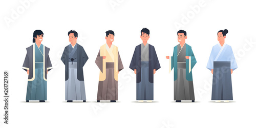 set asian guys wearing traditional clothes smiling men in national ancient costumes standing pose chinese or japanese male cartoon characters full length flat white background horizontal