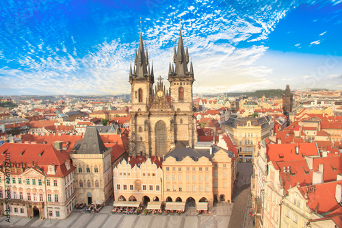 Beautiful view of the Old Town Square, and Tyn Church in Prague, Czech Republic © marinadatsenko