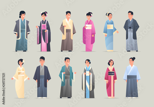 іуе asian men women wearing traditional clothes smiling people in national ancient costumes standing pose chinese or japanese male female cartoon characters full length flat horizontal