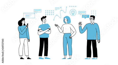 Vector illustration in simple flat linear style with smiling cartoon characters - teamwork and cooperation concept