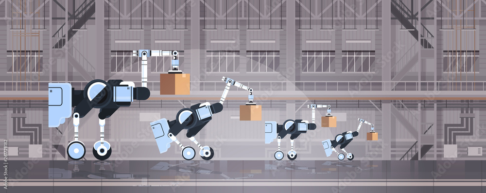 Obraz premium robotic workers loading cardboard boxes hi-tech smart factory warehouse interior logistics automation technology concept modern robots cartoon characters flat horizontal