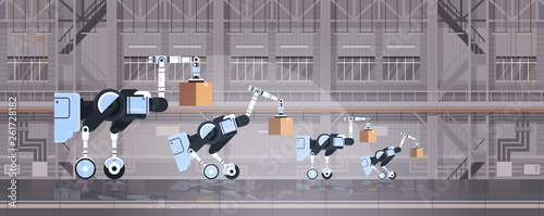 robotic workers loading cardboard boxes hi-tech smart factory warehouse interior logistics automation technology concept modern robots cartoon characters flat horizontal