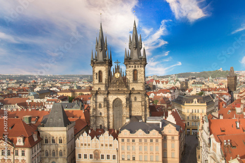 Beautiful view of the Old Town Square, and Tyn Church in Prague, Czech Republic