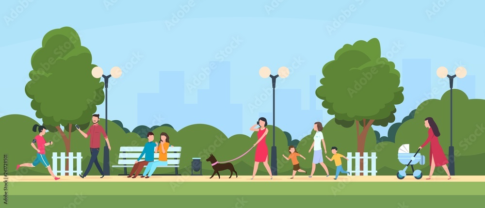 Vecteur Stock People in park. Persons leisure and sport activities outdoor.  Cartoon family and kids characters in summer active park vector  illustration | Adobe Stock