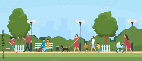 People in park. Persons leisure and sport activities outdoor. Cartoon family and kids characters in summer active park vector illustration