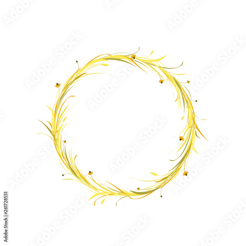 Round wreath or crown with gold and brown ears of wheat, barley or rye, blades of grass and flowers.
