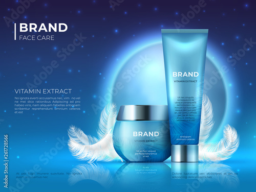 Cosmetic product background. Night skin care beauty brand cream realistic 3D lotion container. Vector cosmetic promotion 3D poster template