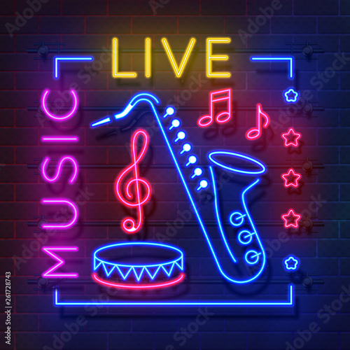 Music neon sign. Glowing karaoke banner, live music light emblem, disco club retro poster. Vector music and saxophon sound neon design template