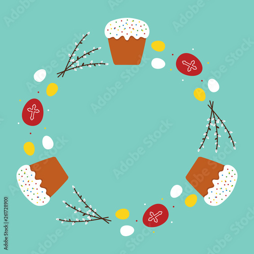 Vector cartoon style round frame for Orthodox Easter Day with easter cake called kulich, decorated eggs and branches of willow.