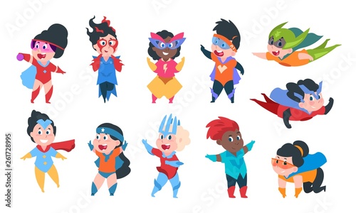 Superhero kids. Cartoon boys and girls characters in superhero comic costumes, cute children playing. Vector happy kids isolated on white