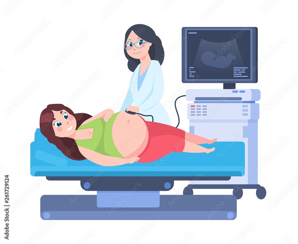 Pregnancy ultrasound scan. Woman at gynecology abdomen examination ...