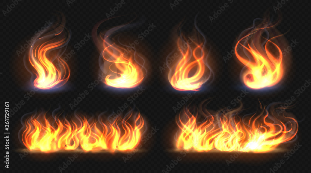 Fire flame effect. Realistic burning line on black background, transparent hot orange light effects. Vector isolated candlelight fire collection