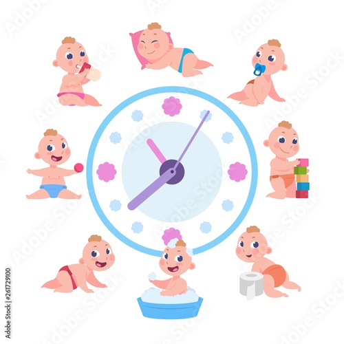 Cartoon baby routine. Kid daily cycle, child playing sleeping eating schedule, baby daily routine active . Vector clock with child life cycle