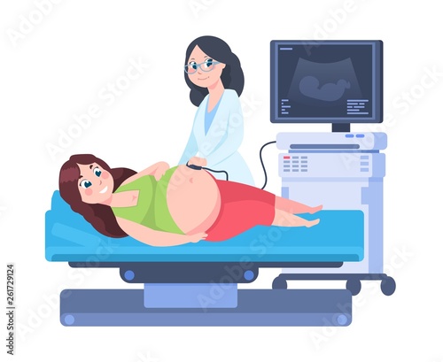Pregnancy ultrasound scan. Woman at gynecology abdomen examination, cartoon doctor examine pregnant woman. Vector cartoon clinic scene