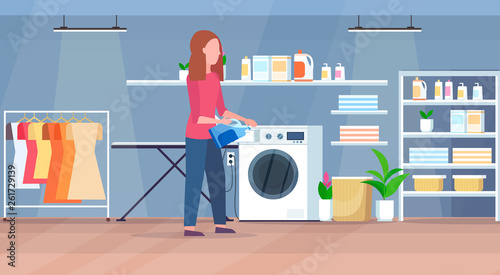 woman pouring powder gel into washing machine housewife doing housework modern laundry room interior cartoon character full length flat horizontal
