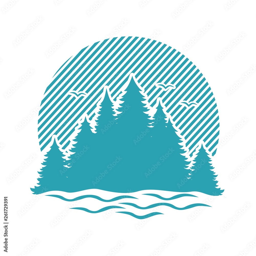 Silhouette of coniferous forest and lake