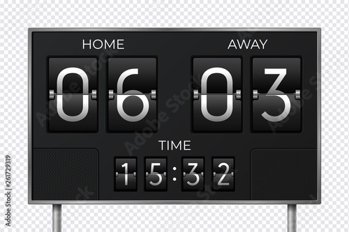 Black retro scoreboard. Stadium soccer countdown clock, goal sport result, electronic time panel. Vector timer score and time panel