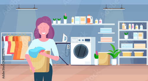 woman holding basket with dirty clothes housewife doing housework laundry room interior cartoon character portrait flat horizontal