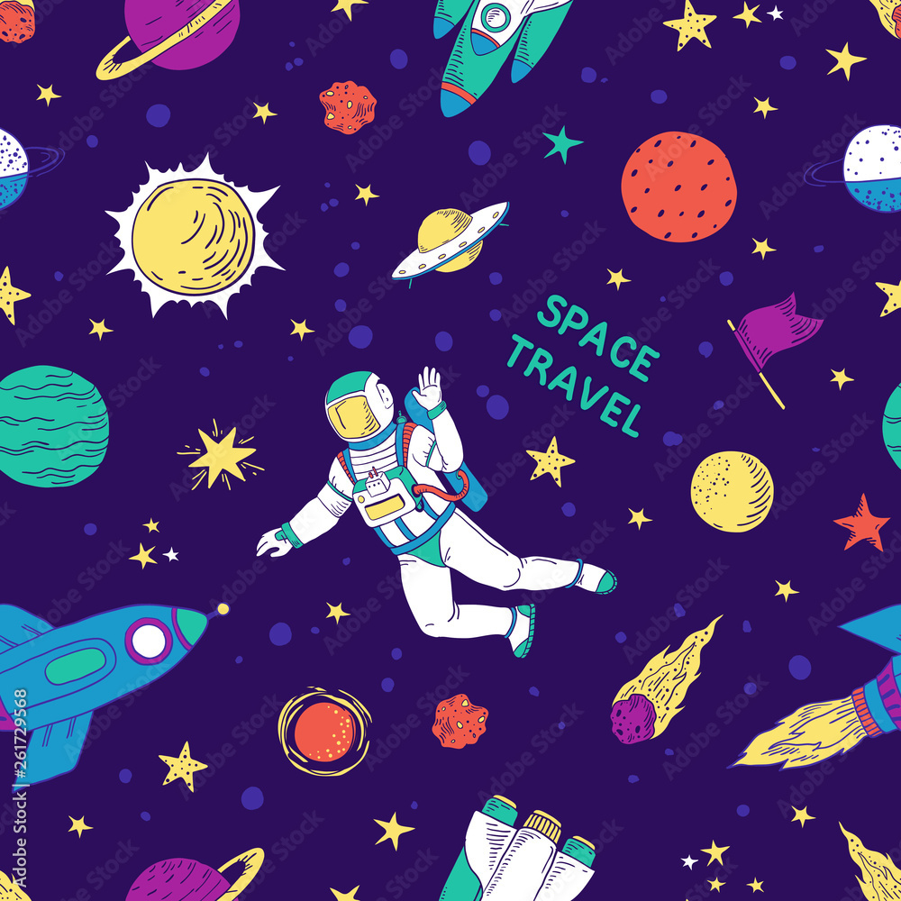 Fototapeta premium Seamless doodle space pattern. Trendy cute kids hand drawn graphic astronomy elements. Vector rocket star planet space wallpapers set