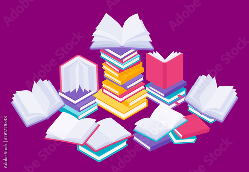 Flat books concept. Study reading and education illustration with stack of open close and flying books. Vector knowledge reading poster