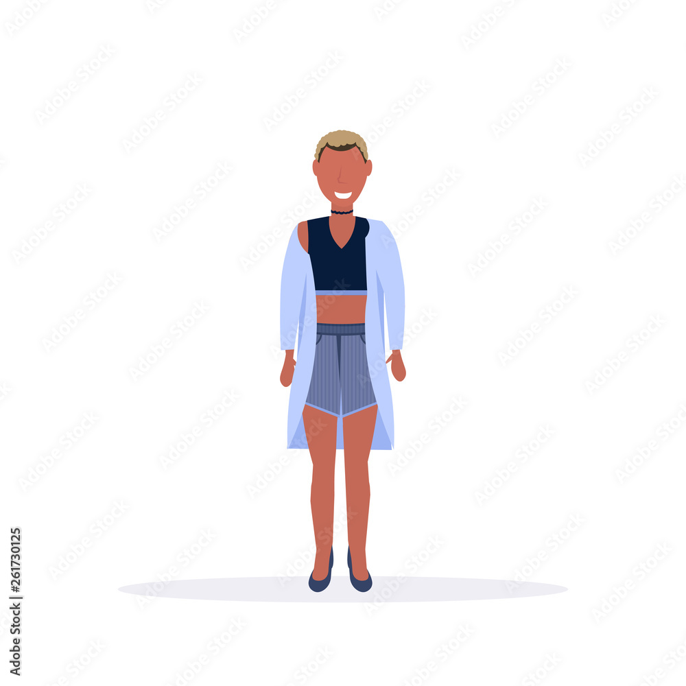 happy casual woman standing pose smiling african american short-haired girl female cartoon character full length flat white background