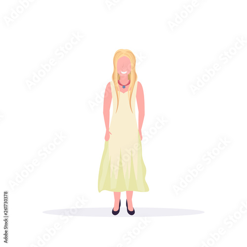 happy casual woman standing pose smiling blonde lady female cartoon character full length flat white background