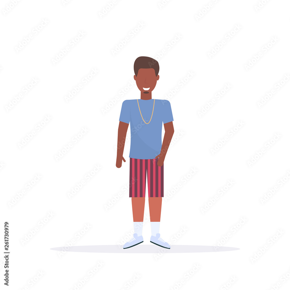 happy casual man standing pose smiling african american guy wearing shorts and t-shirt male cartoon character full length flat white background