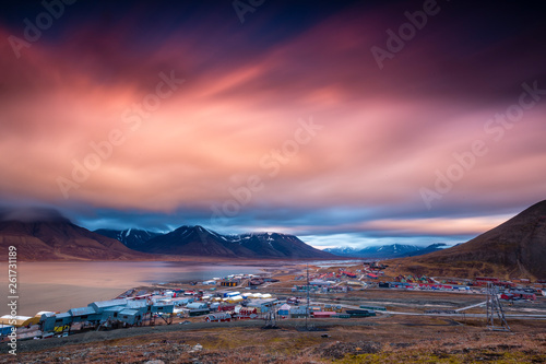 View over Longyearbyen and adventdalen fjord from above - long time exposure - the most Northern settlement in the world. Svalbard, Norway photo